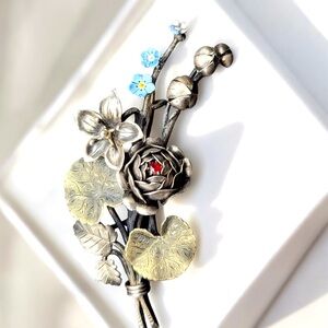 Silver and gold Antique Victorian Floral Brooch with Blue enamel Flowers